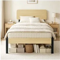 HOMCOM Bettgestell Bett 90 x 200 cm mit Kopfteil, Lattenrost, Unterbettaufbewahrung (Set, 1-tlg., Einzelbett), für Schlafzimmer, Gästezimmer, Natur
