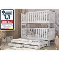 Kids Collective Etagenbett Kinderbett Hochbett 80x180, 90x200 cm mit Ausziehbett Lattenrost, Ausziehfunktion, 2 Schubladen, extra hoher Rausfallschutz, 200x90 cm