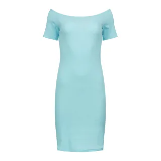 Schulterfreies Geripptes Kleid - Aqua Blau, Einheitsgröße