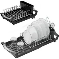 BlingBin Geschirrständer Geschirrabtropfgestell ausziehbar, Abtropfständer mit Besteckhalter, Zubehör für Küche, Spülbereich, kleine Küche, Campingküche, Küchen Organizer mit Wasserablauf, Edelstahl, rutschfest, Schwarz