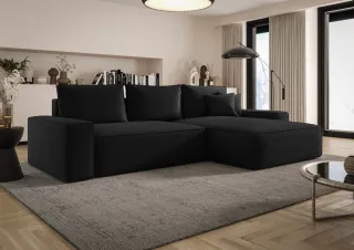 Ecksofa Schlafsofa Sofa WALKEN Stoff Quelle Schwarz Ottomane Rechts