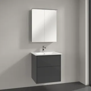 Villeroy & Boch Finero Badmöbel Set 60 cm, Glossy Grey Waschtisch mit Waschtischunterschrank und Spiegelschrank