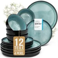 PURE LIVING INTERIOR DESIGN Geschirr-Set Pure Living »Ibiza« (12-tlg), 4 Personen, Steingut, Petrol, 4 Personen, Steingut, Mediterrane Handwerksoptik, Reaktive Glasur – jedes Stück einzigartig…