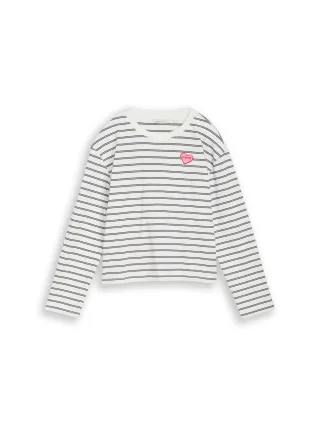 Denim Tom Tailor - Boxy Fit Langarmshirt mit Herz-Stickerei off white navy stripe - Gr. - S