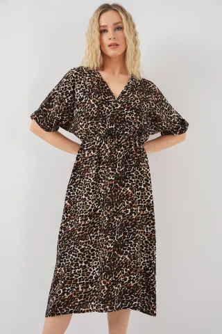 V-Ausschnitt Midi-Kleid mit Kordelzug