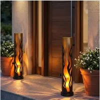 Harms Import LED Solarleuchte, LED-Leuchtmittel fest verbaut, 2x Solarleuchte Stahl schwarz gold Feuer-Effekt Gelb LED Höhe 49 cm