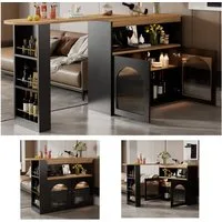 Flieks Bartisch 360° drehbarer Esstisch & Küchenschrank mit LED-Beleuchtung (mit Arbeitsplatte in Holzoptik Natur, 1-St., Tischmaße: 138x39x105 cm, Schrankmaße: 105x39x102 cm), ausziehbar Stehtisch Mehrzweckschrank Sideboard mit Glastüren Schwarz
