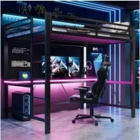 Flieks Hochbett Gamingbett Metallbett 140x200cm mit Schreibtisch und Ladefunktion