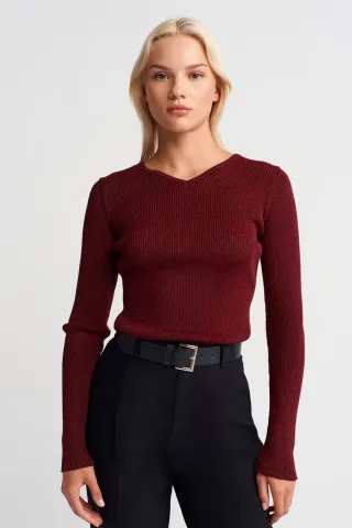 Damen Slim Fit V-Ausschnitt Gerippter Pullover