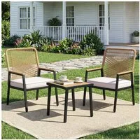 TLGREEN Gartenstuhl Eisen-Rattan Gartensessel,verbreiterter Sitz, (Balkonstühle Metall und Rattan, mit 8 cm dicken Sitzkissen, 3 St), 160 kg Belastbar für Terrasse, Garten und Veranda