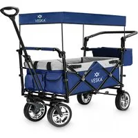 VESKA Bollerwagen faltbar mit Dach Handwagen Transportwagen, 2-Sitzer 3-Punkt Gurtsystem (mit Moskitonetz, Regencover), klappbar, Vollgummi-Reifen, bis 80 kg, Vorder- und Hinter-Bremse