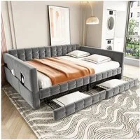 Flieks Daybett, Polsterbett Schlafsofa Kinderbett 140x190cm mit Stautasche Schubladen