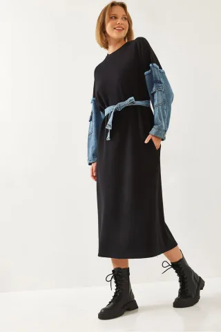 Strukturiertes Denim-Midi-Kleid mit Rundhalsausschnitt