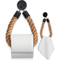 HENNEZ Toilettenpapierhalter ohne Bohren - Naturjute-Seil - stylish, mattschwarz, Klorollenhalter Klopapierhalter WC Rollenhalter