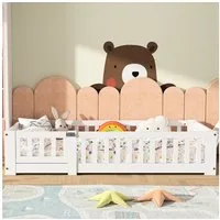 FUROKOY Kinderbett Bodenbett Massivholzbett mit Lattenrost, Holzbett Einzelbett 120x200cm mit Rausfallschutz,Weiß,Montessori