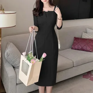 ZANZEA Womens Party Daily 7/8 Sleeve Small V-neck Design Slim Segmented Dress Solid Color Elegant Midi Dress