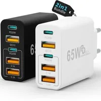 GreenHec Schnellladegerät USB C Ladegerät 65w Fast Charger Adapter 2x Schnelllade-Gerät (50 mA, Spar-Set, 65w Penta Charger 2er Pack, für Apple iPhone, Samsung, Xiaomi, Google Mehrfach Multi Netzteil)