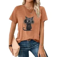 PYLIKE Rundhalsshirt Damen bequemes Sommer Kurzarmbluse Slim Fit Katze Print-Shirt Bequem für Freizeit und Büro