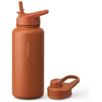 Vinsun Isolierflasche Edelstahl Trinkflasche 1L Strohhalm - 2 Deckel Thermoflasche BPA frei, Doppelwandig isoliert, auslaufsicher, bruchsicher, Geruchsneutral