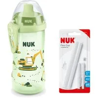 NUK Babyflasche NUK Flexi Cup Trinklernflasche mit Trinkhalm, 300ml, Bagger (grün)