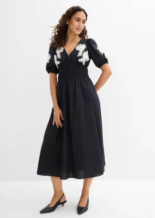 bonprix Midikleid mit Stickerei, schwarz, Gr.48, sommerliches Midikleid aus festem Baumwoll-Popelin mit dekorativer Stickerei und Puffärmeln, 97% Baumwolle