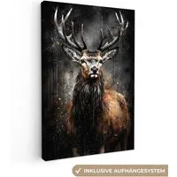 OneMillionCanvasses® Leinwandbild Hirsch - Schwarz - Tier - Hirschkopf, Fotodruck (1 St), Leinwand Canvas Wandbild, Wanddekoration 20x30 cm