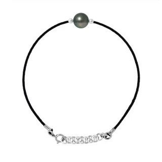 Bracelet LOVE LINK Perle de Tahiti Ronde 8-9 mm Lien Nylon Noir Argent 925