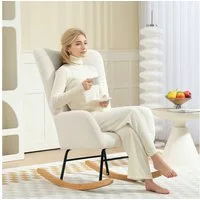 HOMCOM Schaukelstuhl Schaukelsessel, Teddysamt-Optik, Relaxsessel mit Holzkufen (Relaxsessel mit Holzkufen, Schwingsessel, 1 St), Stillsessel für Schlafzimmer, Wohnzimmer, Cremeweiß