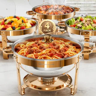 WARMOUNTS 5QT Rose Gold Chafing Dishes for Buffet 2/4 Packs Stainless Steel Round Chafers and Buffet Warmers Sets with G