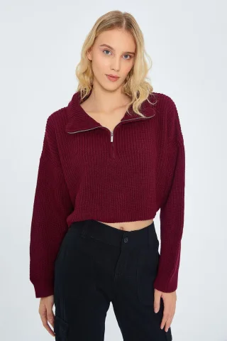Strukturiertes Langarm-Pullover mit Reißverschlusskragen