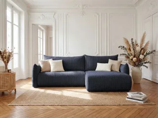 Ecksofa Schlafsofa MAILAND in Stoff Tilia Dunkelblau Ottomane Rechts