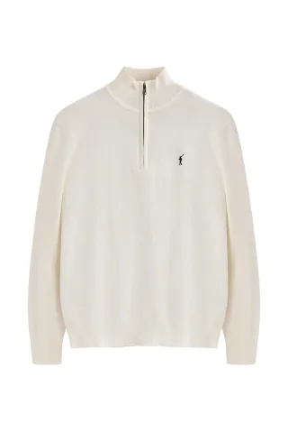 Pullover ecru aus Wollgemisch mit halbem Reißverschluss und gesticktem Rigby Go-Logo