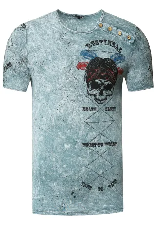 Verwaschenes Rundhals T-Shirt mit Knopfleiste und Prints