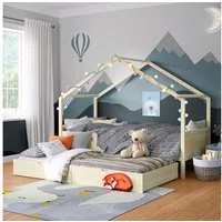 Bellabino Hausbett Bela 90x200 cm aus Massivholz Kiefer (natur inkl. Gästebett 90x190 cm, optional mit Matratze), Kinderbett mit verstellbarem Rausfallschutz