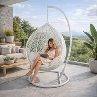 ESTEXO Hängesessel mit Gestell Rattan Korb Hängekorb Polyrattan Gartensessel Weiß