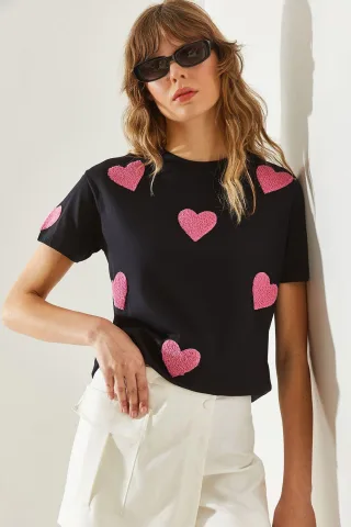 Herz-Muster gesticktes Rundhals-T-Shirt