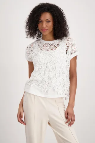monari - Kurzarm-Pullover mit Spitze - Gr. - 38