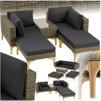 tectake Loungeset Rattan Sitzgruppe mit Sicherheitsglasplatte, schlanke, hohe Beine, (Gartenlounge-set Bellaria, 5-tlg., geeignet für Outdoor in Natur), wetterfest und UV-beständig, Dicke der Sitzpolster 8 cm