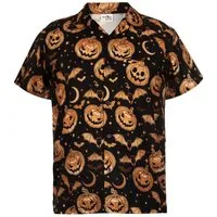 King Kameha Hawaiihemd Halloween Pumpkin Bat Funky Hawaii-Hemd Kurzarm Front-Tasche Unisex