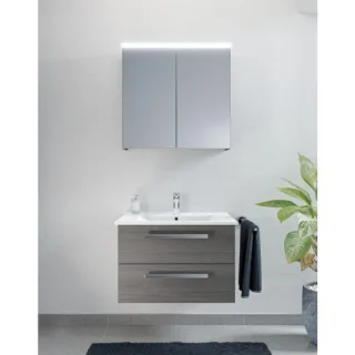 Artiqua Serie 843 Badmöbel-Set mit Spiegelschrank 75 cm 843B237526 Waschtisch mit Unterschrank, weiß hochglanz