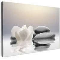 OneMillionCanvasses® Leinwandbild Steine - Lotus - Weiß - Wasser - Zen, Fotodruck (1 St), Bilder für Badezimmer, Bad und Toiletten Deko, Bild WC 30x20 cm