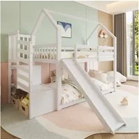Flieks Etagenbett, Kinderbett mit Treppe & Rutsche & oberem Lattenrost 90x200cm