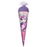 Roth Schultüte Einhornportrait, 35 cm, rund, lilafarbiger Tüllverschluss, Zuckertüte für Schulanfang