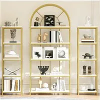 Flieks Bücherregal mit Gold-Metallrahmen & weißen MDF-Böden, 163×30×184 cm 3-tlg., Standregal mit 5 Ebenen Lagerregal Hochschrank Bogen-Design