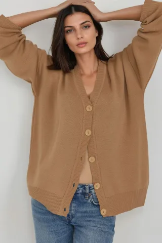 Oversized Rippstrick V-Ausschnitt Knopf-Cardigan
