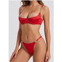 Elegant Love Set: Bügel-BH Exklusives Dessous-Set aus Satin – Reizwäsche-Set in Rot (Set, 2-tlg., mit Tanga) Lingerie-Set: Halbschalen-Bralette mit Ketten-Trägern & Ouvert-String