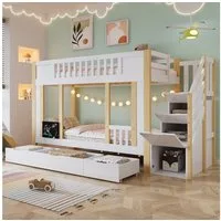 Merax Etagenbett (1-St., Kiefernholzbett Stockbett Jugendbett Doppelbett), Kinderbett 90x200cm mit 3 Schubladen, Tafel, Stauraumtreppe, Geländer