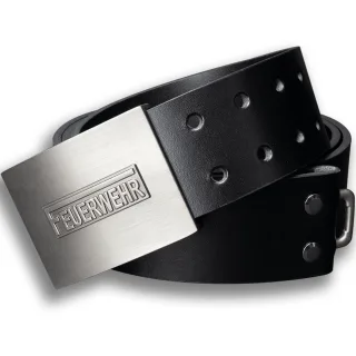 Feuerwehrgürtel "langes F" | Echtleder Metallschnalle | Design "Strong" | schwarz | verschiedene Längen | Schnalle in Antiksilber-Optik | Geschenkbox 120 cm