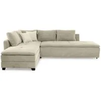 luma-home Ecksofa 15161, Dauerschläfer-Doppelbett B306/T223/H95 cm, Schwenkteil L/R, Bettkasten, Nachtkonsole, Boxspring, Federkern, Wellenunterfederung, Topper, Cord Beige Grau