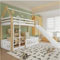 Merax Hochbett (Weiß+Natur, 1-St., Etagenbett Stockbett Jugendbett) Kieferholz Kinderbett 90x200cm mit Rutsche Stauraum Dach Zaun Leiter